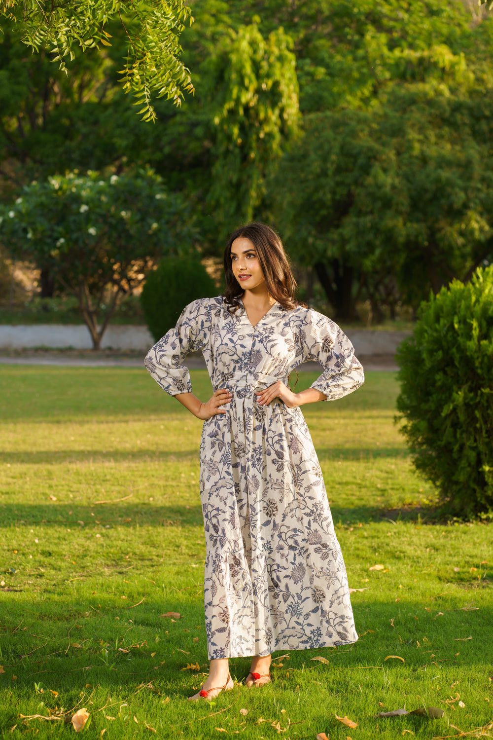 Gulbahar White Cotton Hand Block Print Maxi Dress