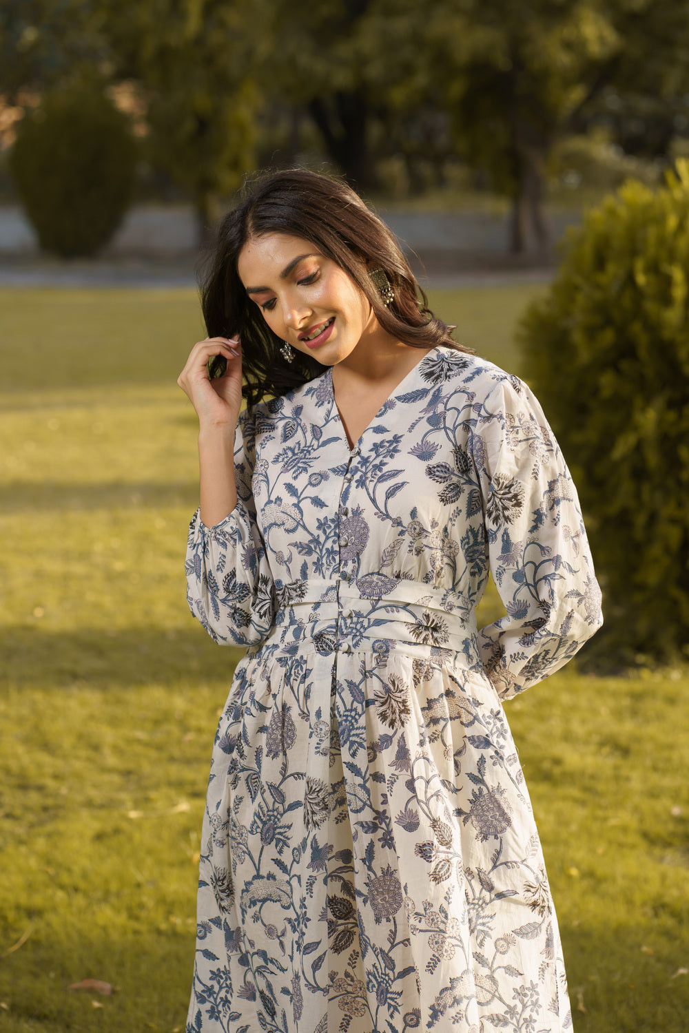 Gulbahar White Cotton Hand Block Print Maxi Dress