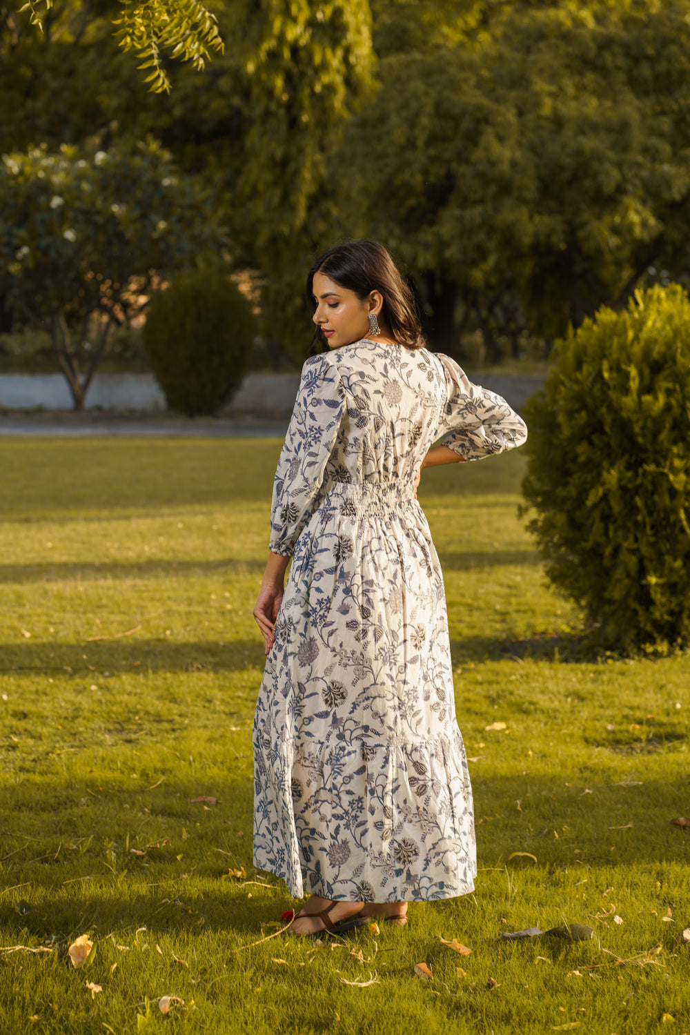 Gulbahar White Cotton Hand Block Print Maxi Dress