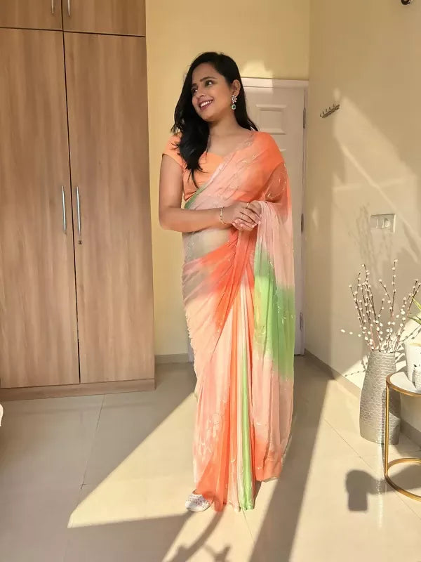 Rani Tri Color Chiffon Pre Pleated Saree