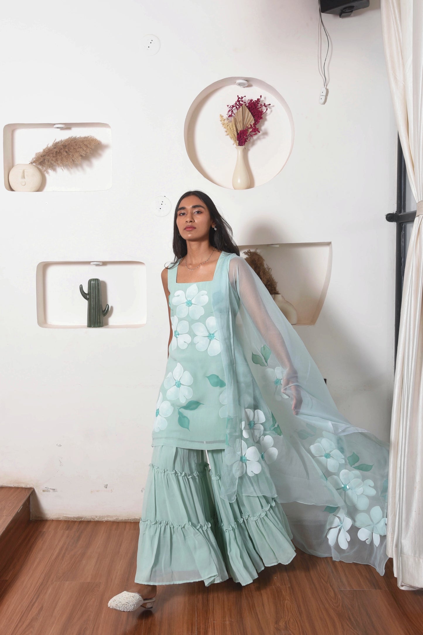 Handpainted Flora Georgette Sharara Set in Teal