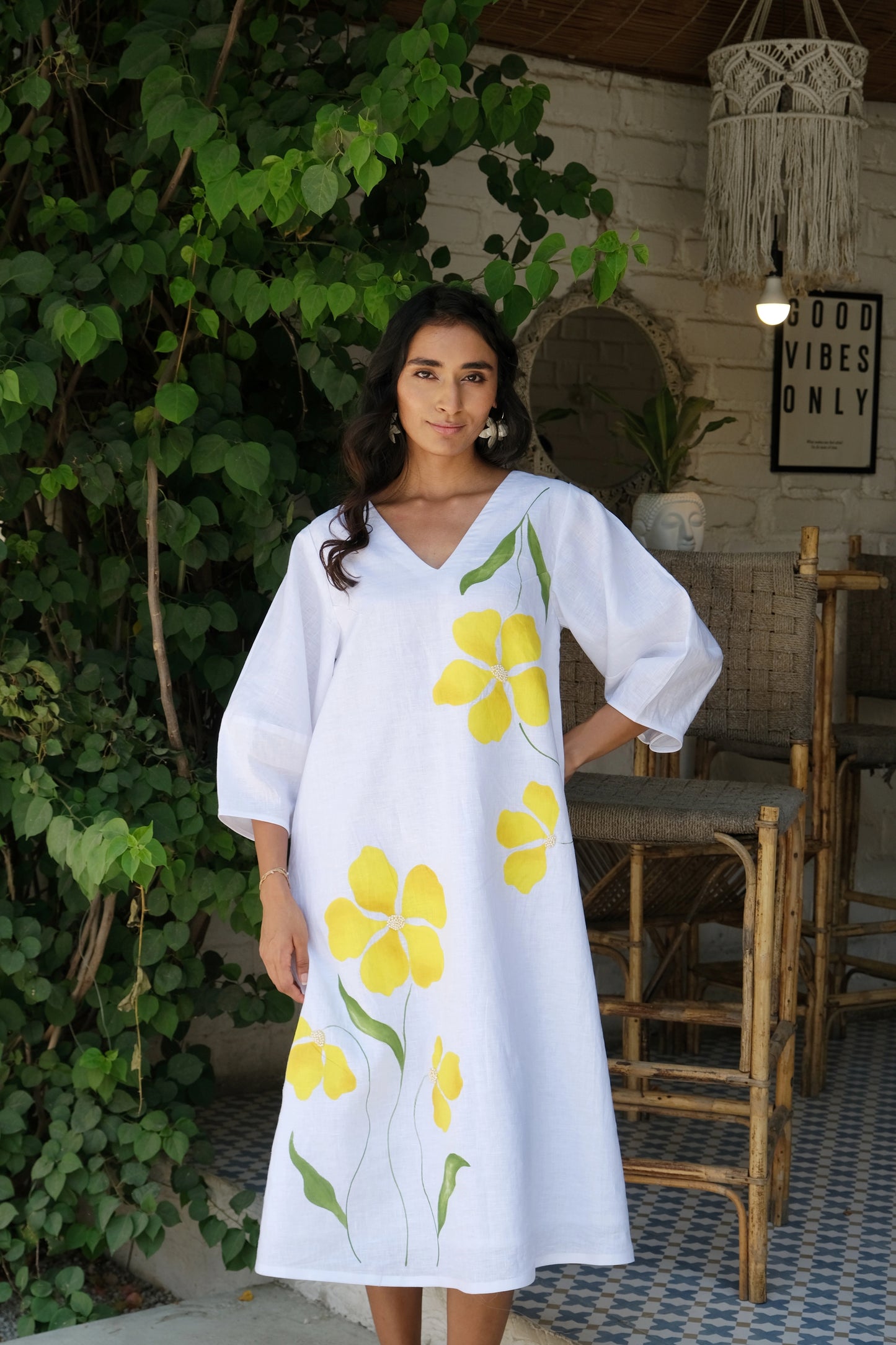 Blossom Hand-painted Linen Midi Dress