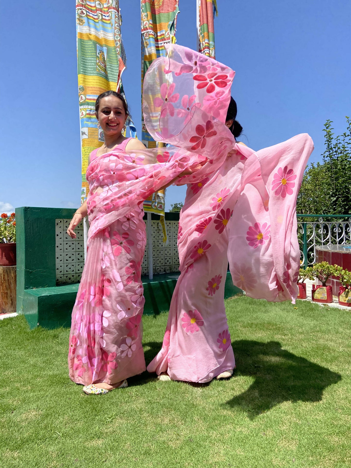 Riko- Pink Handpainted Organza Saree