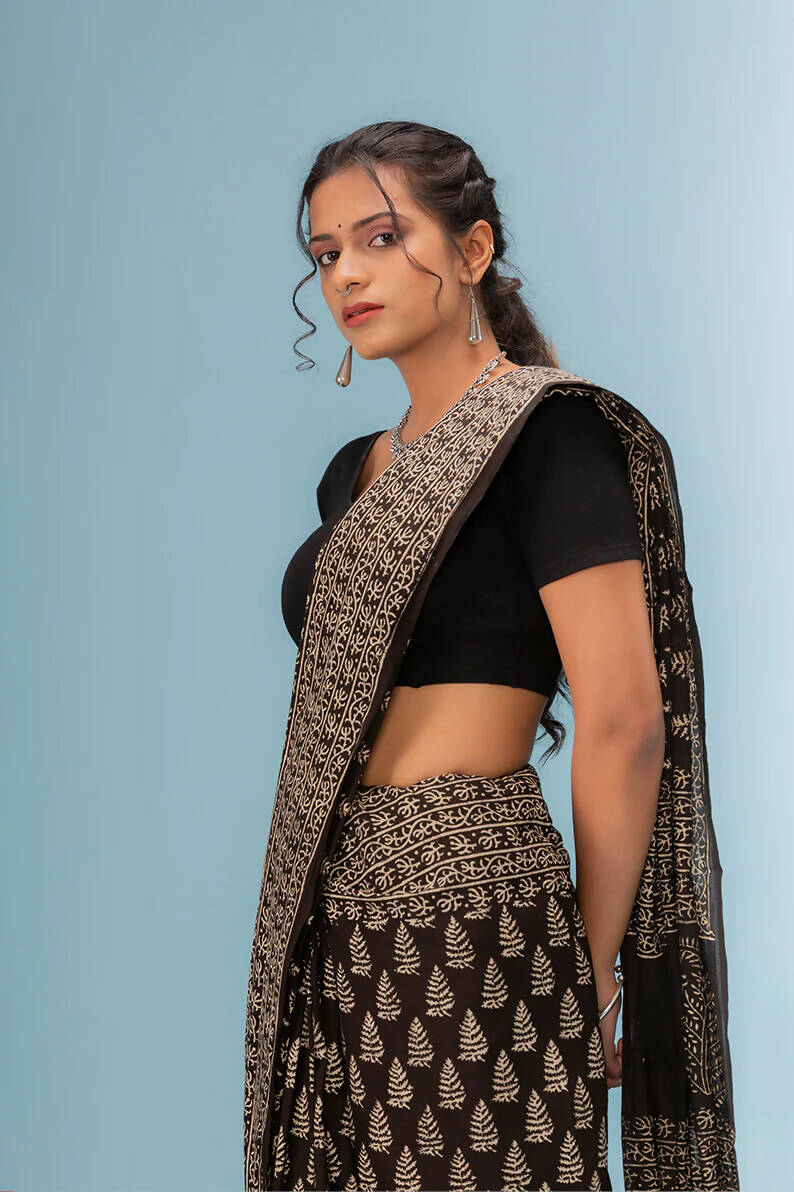 Roheen Black - Hand Block Print Natural Dyed Saree