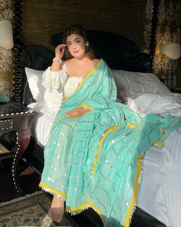 Sea Blue Tohfa Silver Gota Border Saree