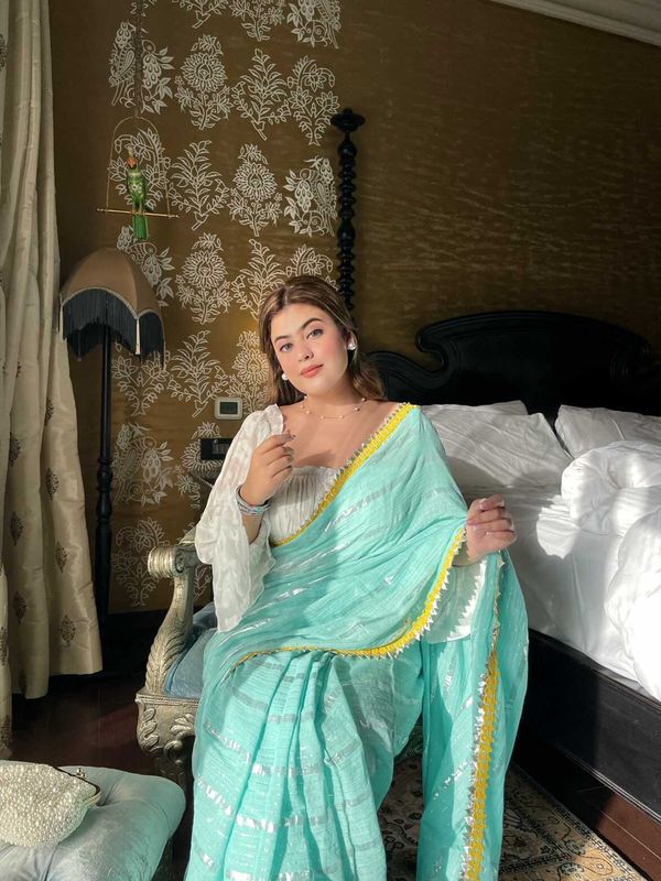 Sea Blue Tohfa Silver Gota Border Saree