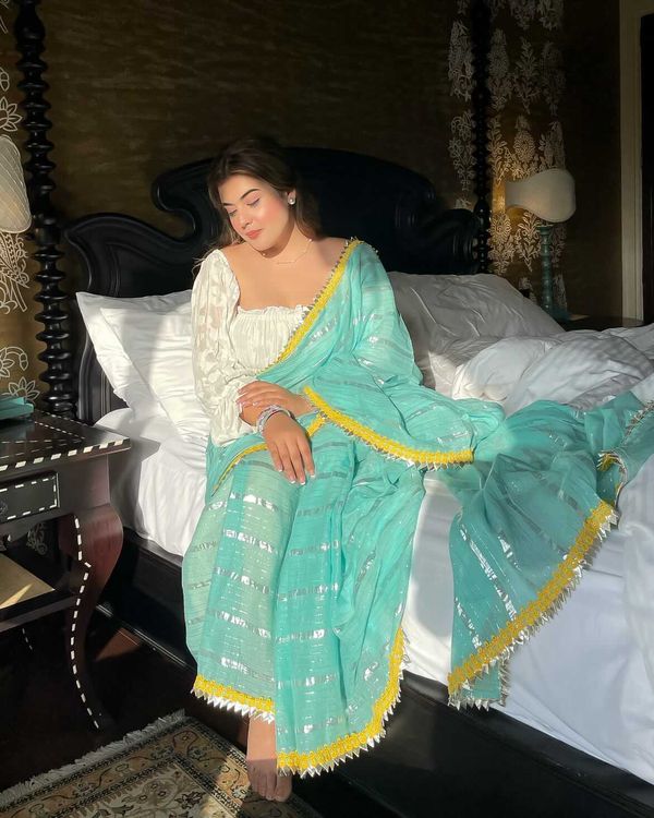 Sea Blue Tohfa Silver Gota Border Saree