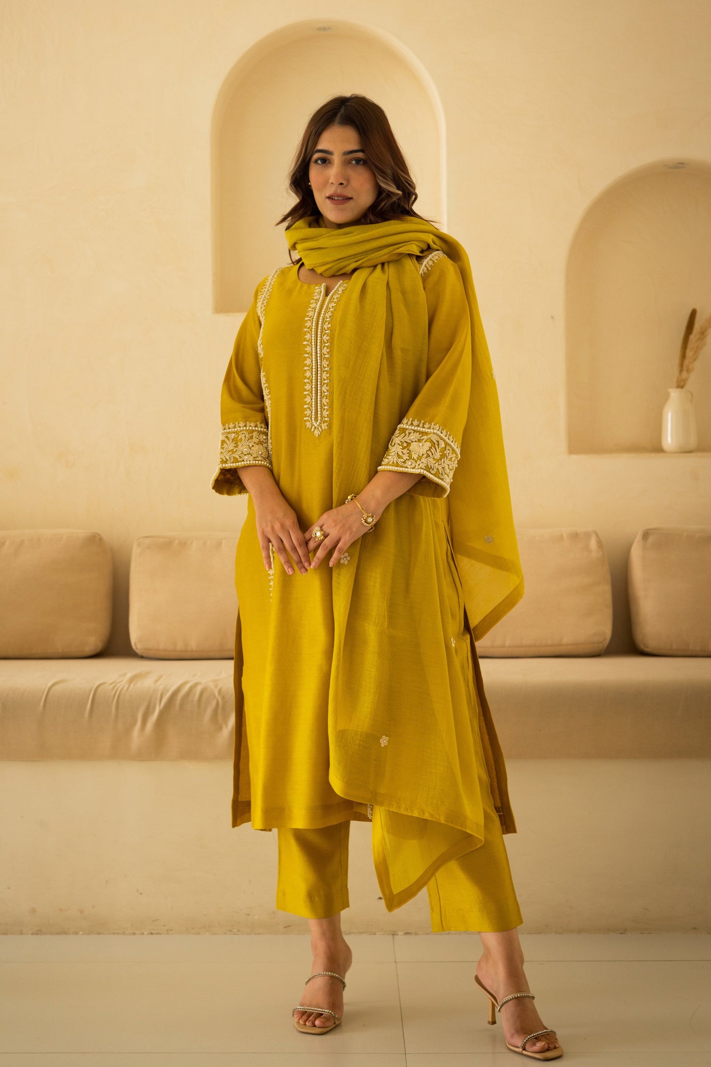 Sunglow Yellow Chanderi Embroidered Pearl Suit Set