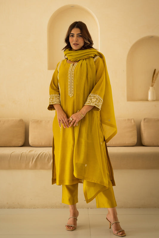 Sunglow Yellow Chanderi Embroidered Pearl Suit Set