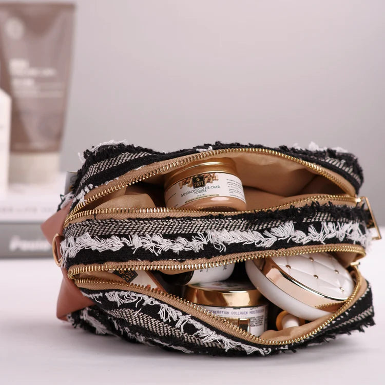 Salt Pepper Fringed Double Zipper Pouch