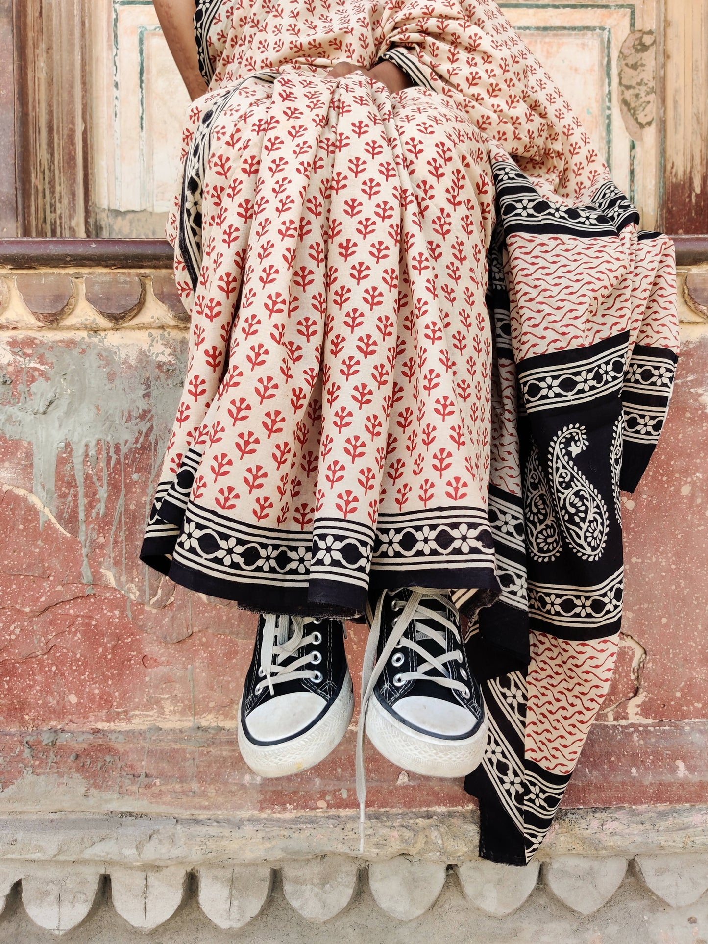 Red Desert - Hand Block Print Mulmul Cotton Bagru Saree