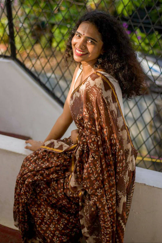 Cocoa Blossom - Hand Block Print Chanderi Silk Bagru Saree