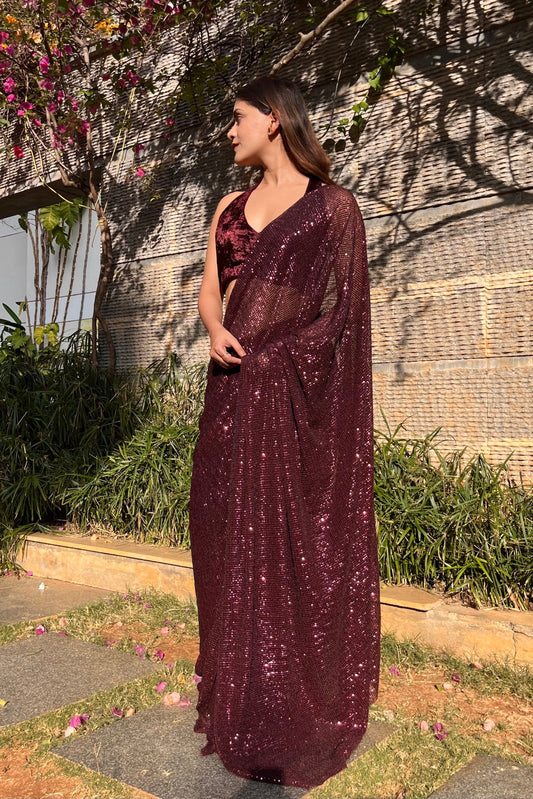 Crushed Sequin Saree - Wine