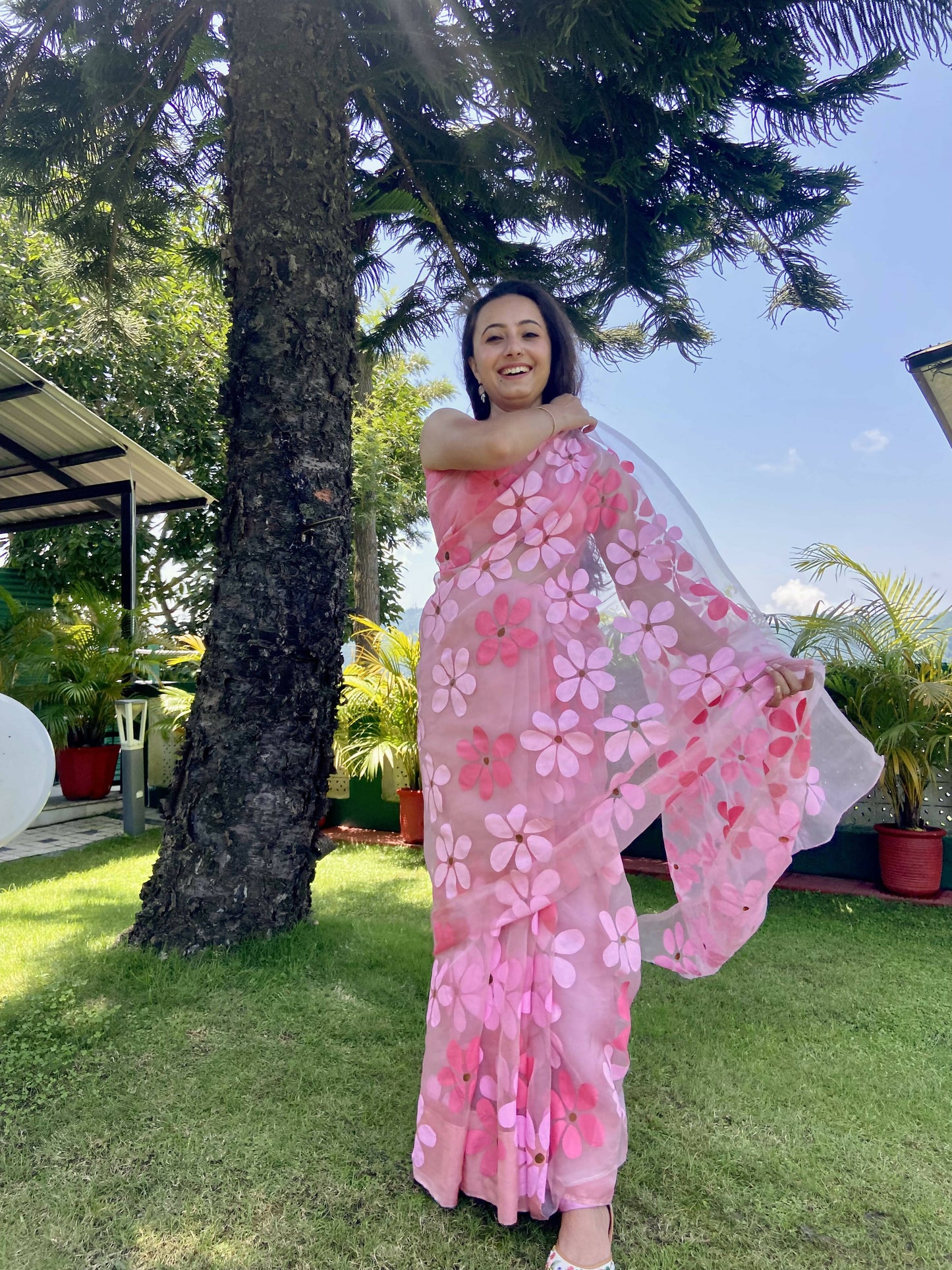 Riko- Pink Handpainted Organza Saree