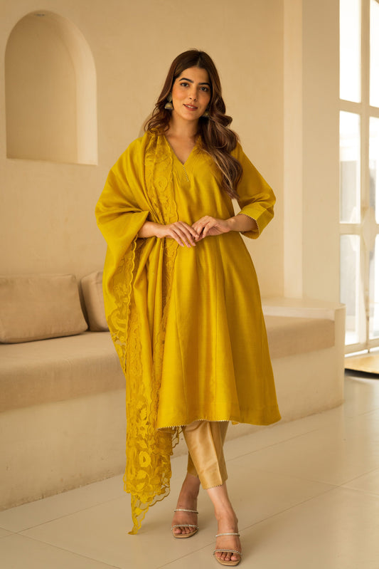 Sunshine Yellow Cutwork Chanderi Set