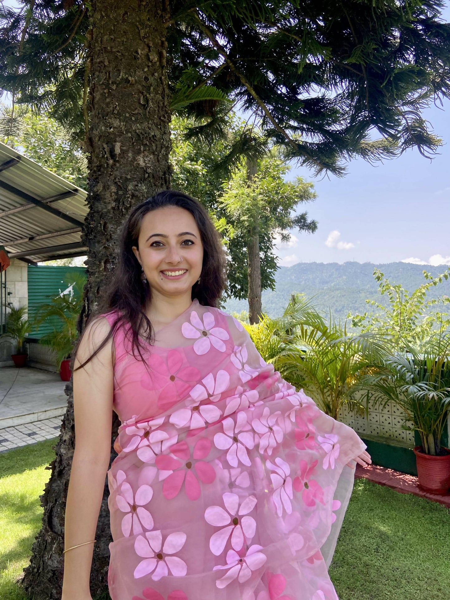 Riko- Pink Handpainted Organza Saree