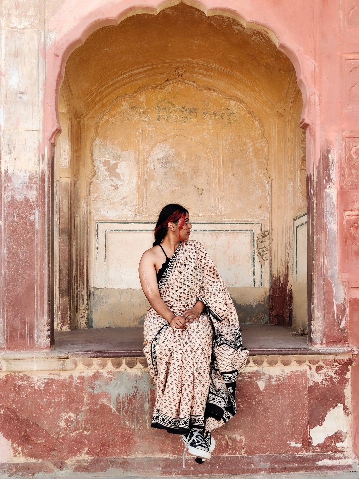 Red Desert - Hand Block Print Mulmul Cotton Bagru Saree