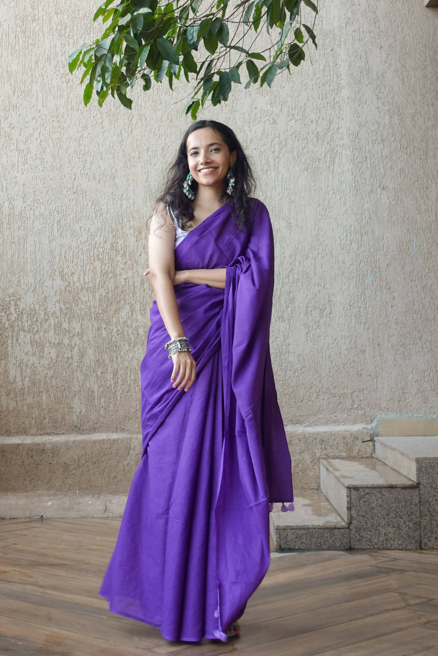 Hand Dyed Tasseled Mulmul Cotton Saree