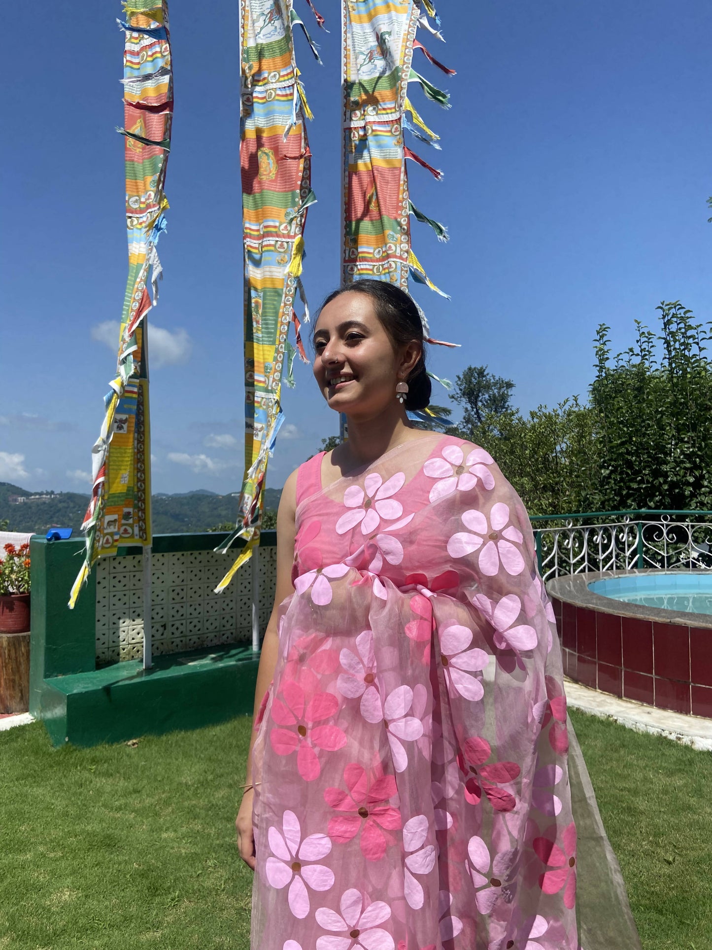 Riko- Pink Handpainted Organza Saree
