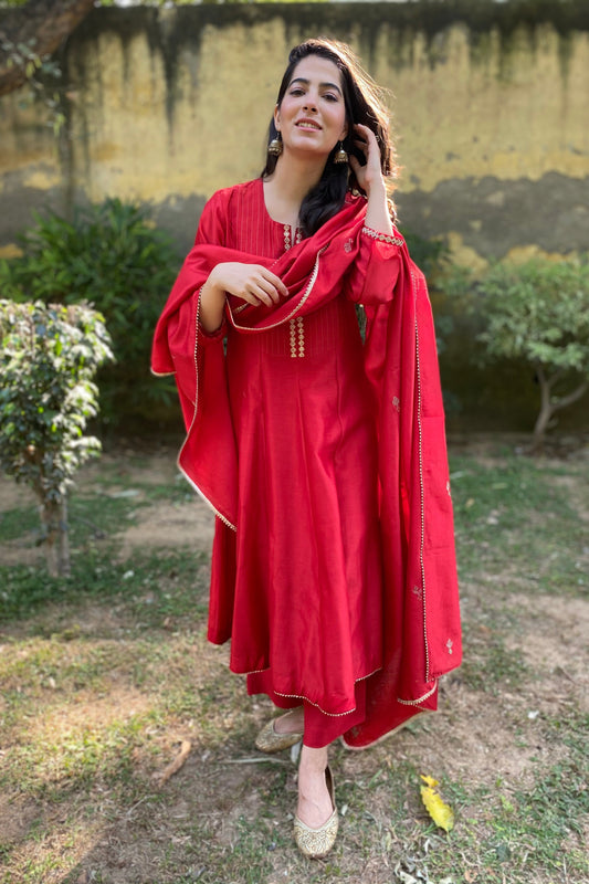 Red Chanderi Anarkali Set