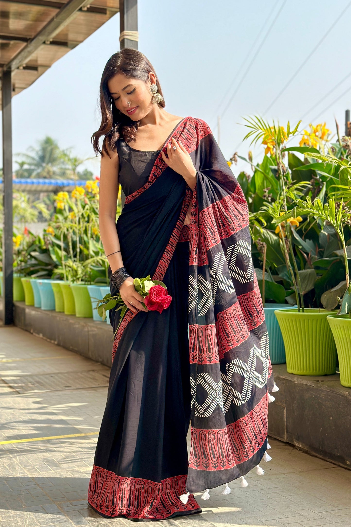 Rusty Black Handblocked Mulmul Cotton Saree