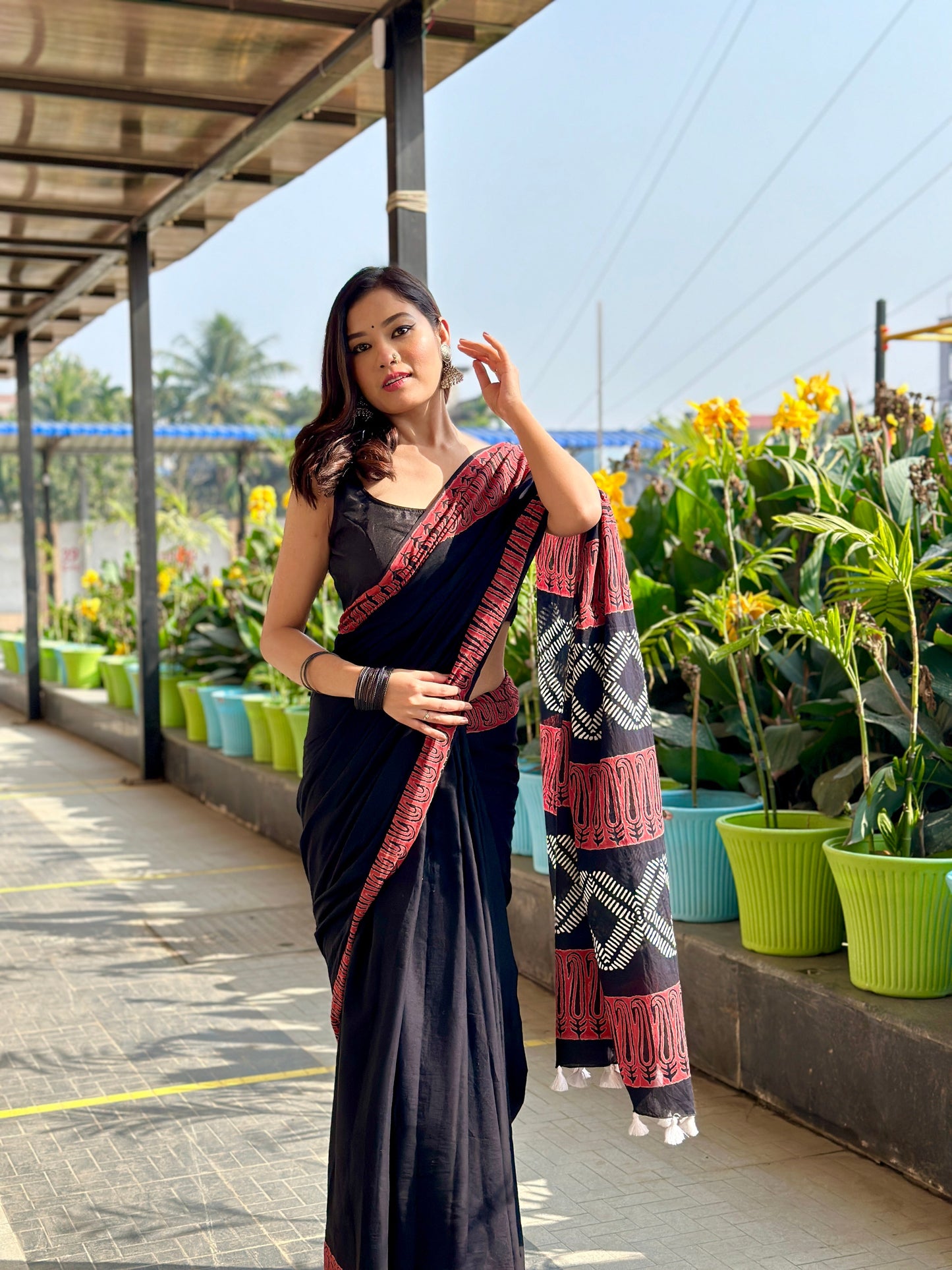 Rusty Black Handblocked Mulmul Cotton Saree