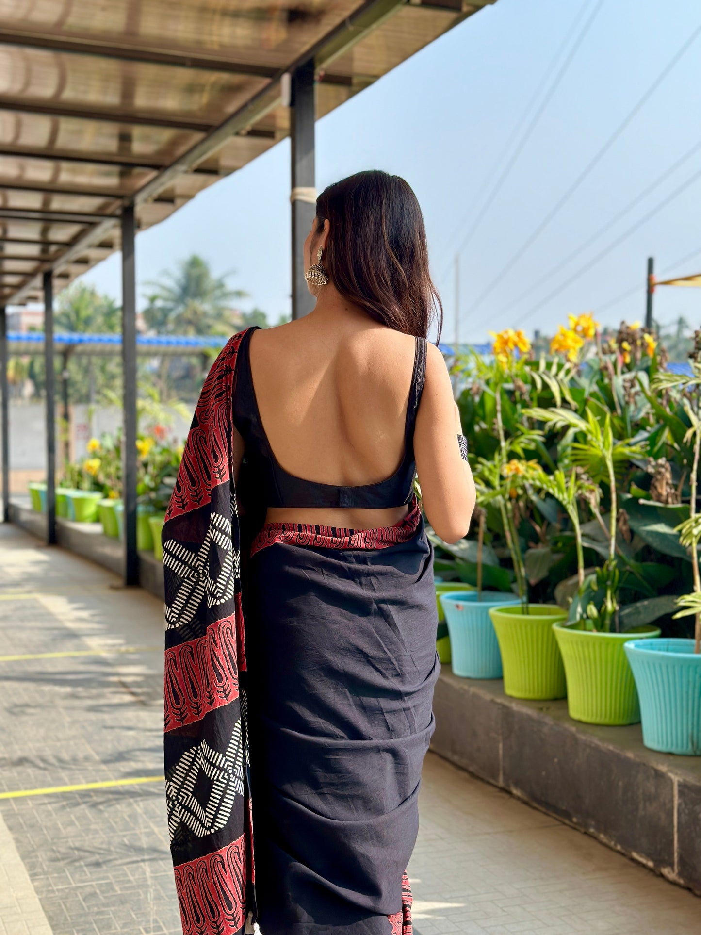 Rusty Black Handblocked Mulmul Cotton Saree