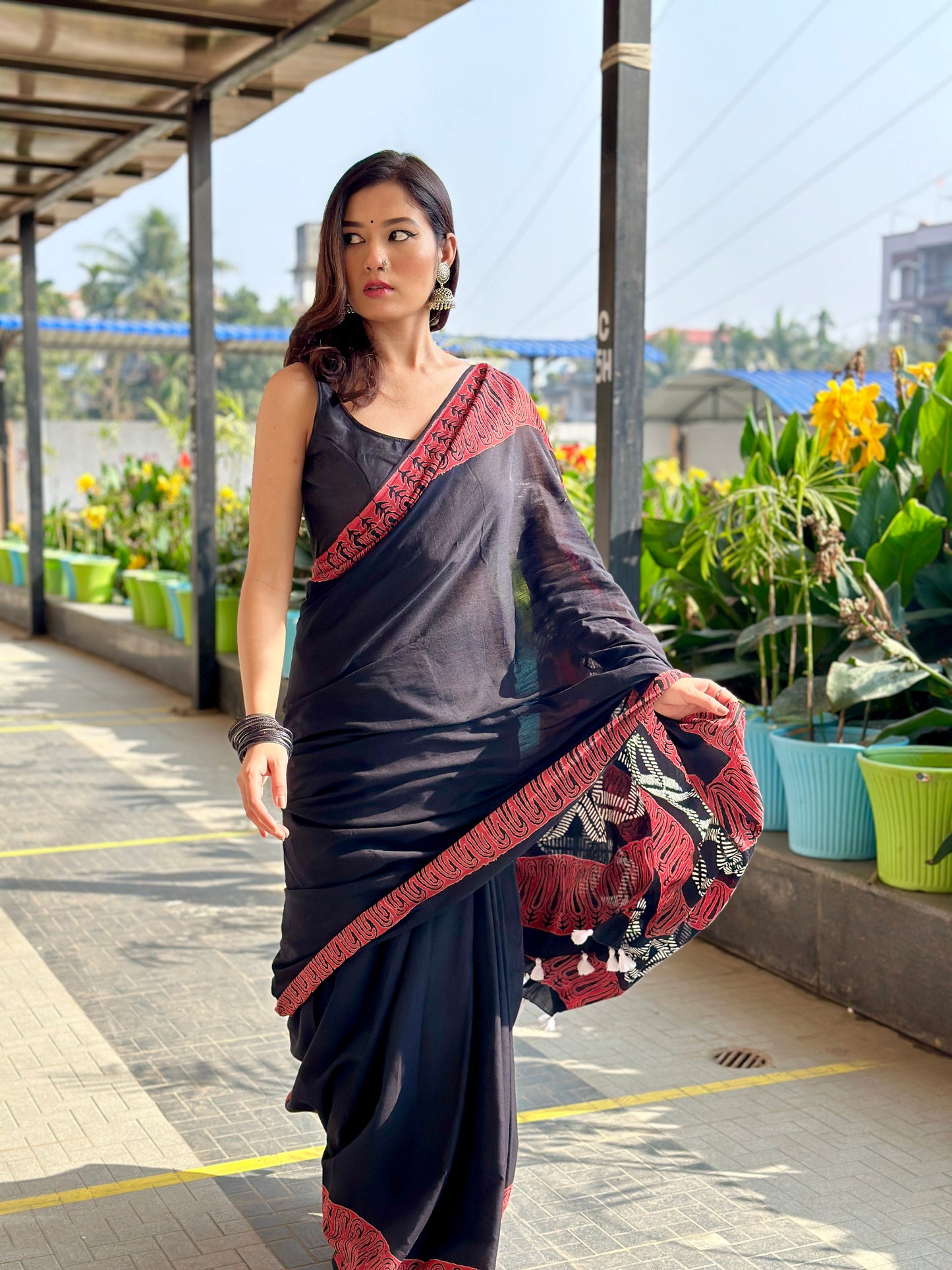 Rusty Black Handblocked Mulmul Cotton Saree