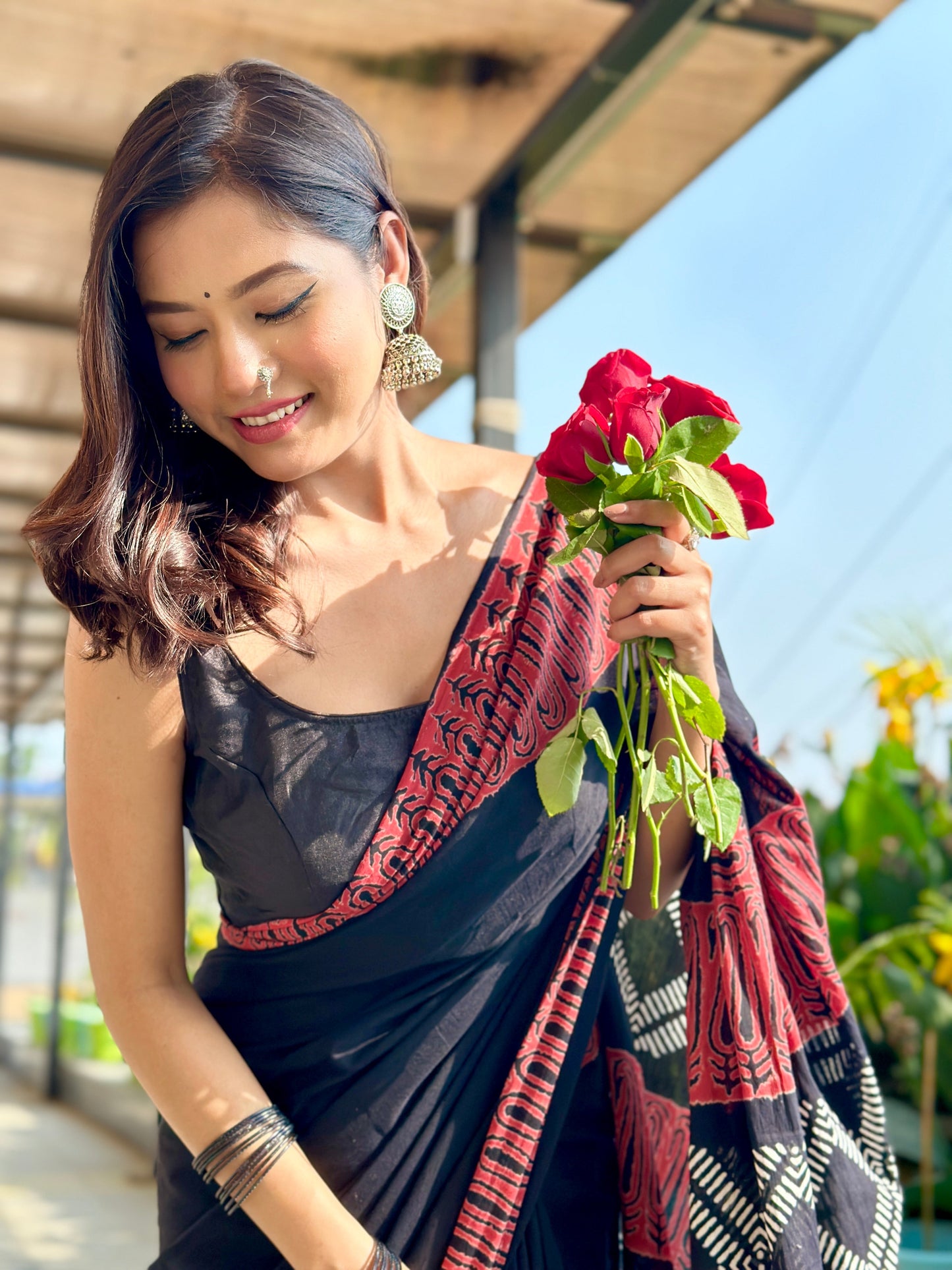 Rusty Black Handblocked Mulmul Cotton Saree
