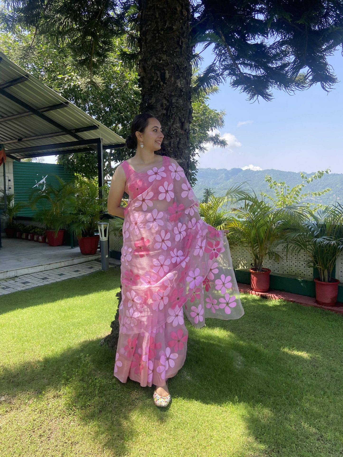 Riko- Pink Handpainted Organza Saree