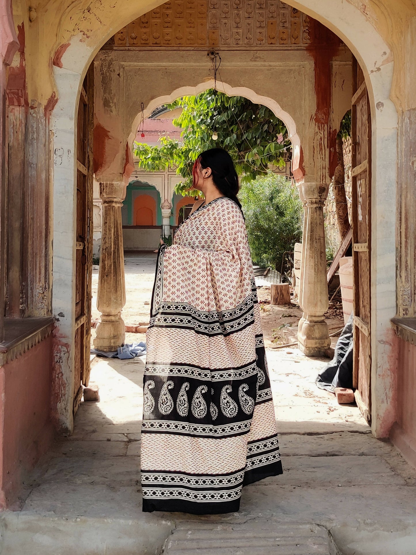 Red Desert - Hand Block Print Mulmul Cotton Bagru Saree