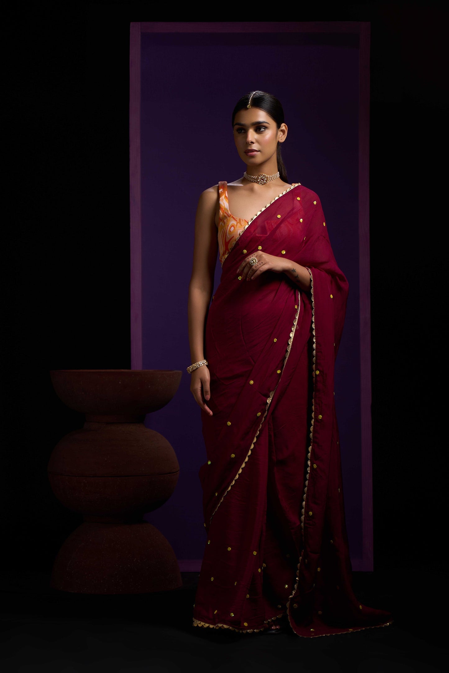 Noori Mahroon Organza Handwork Saree