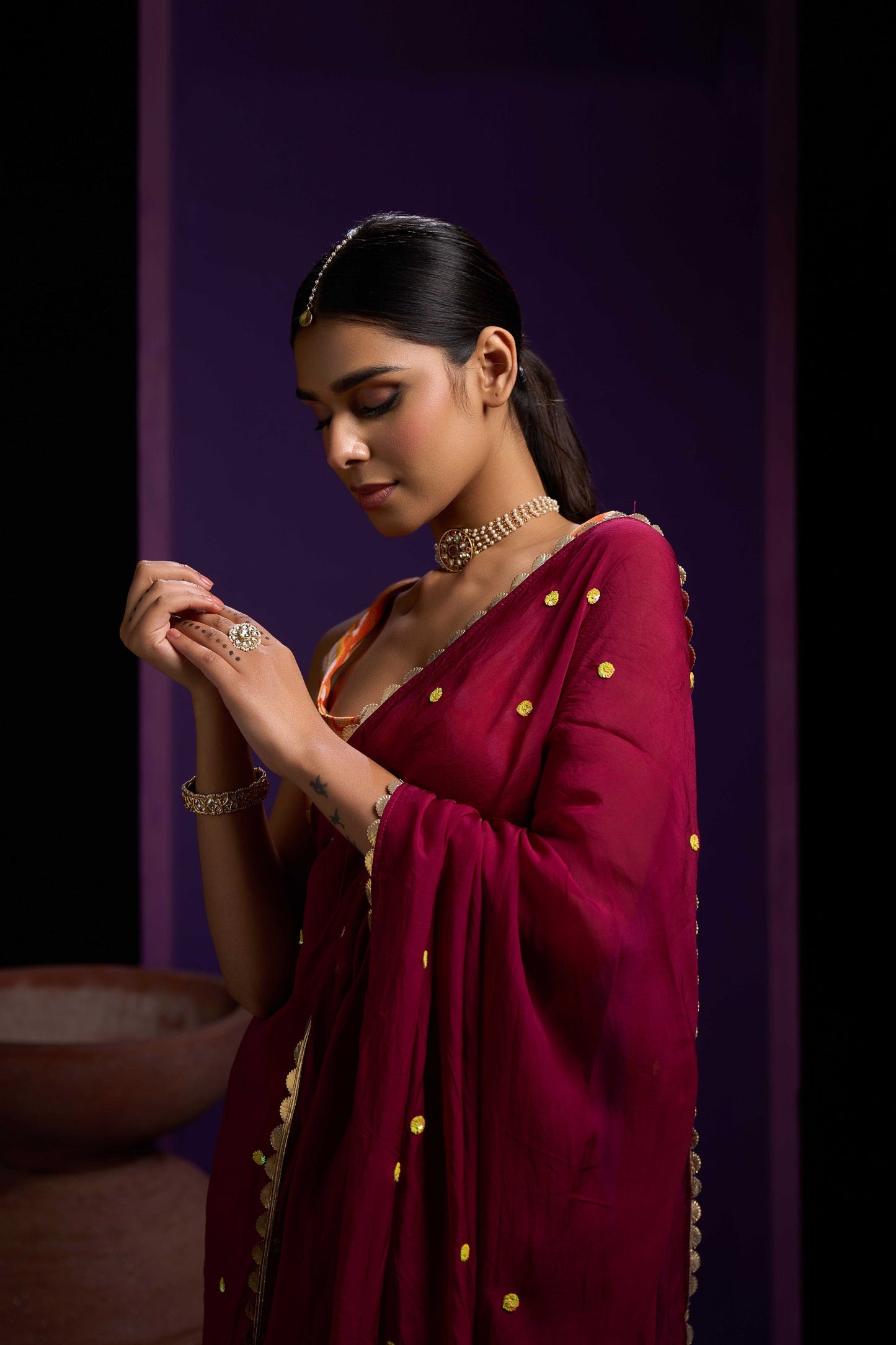 Noori Mahroon Organza Handwork Saree