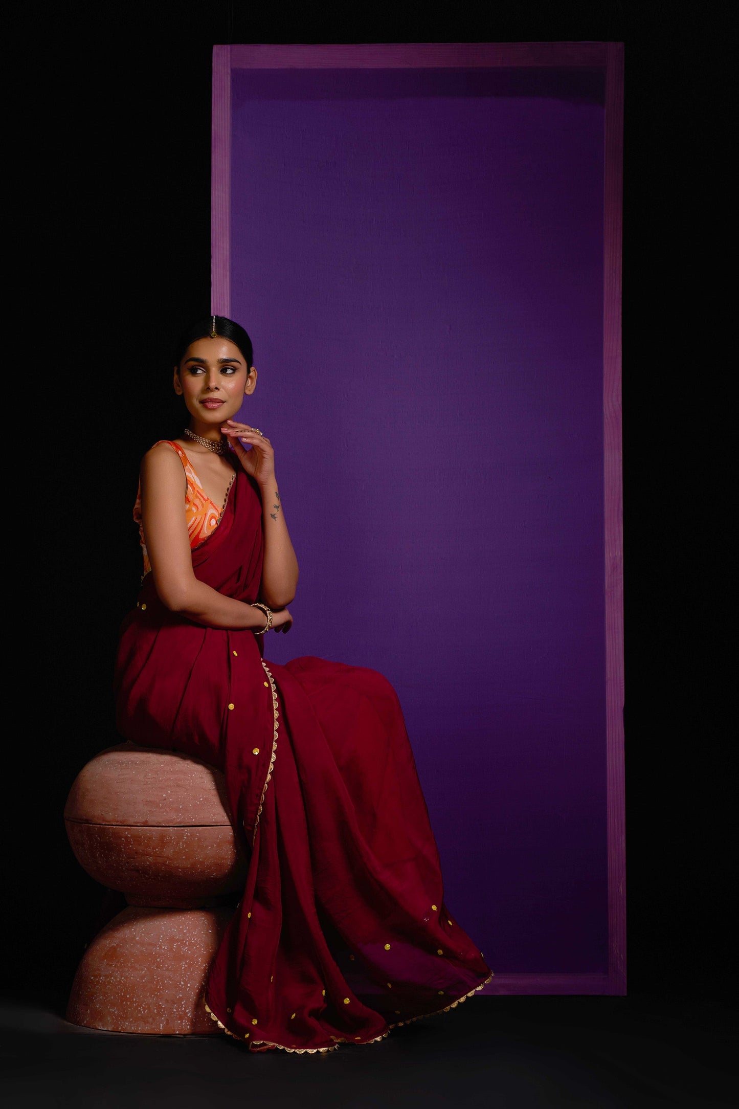 Noori Mahroon Organza Handwork Saree