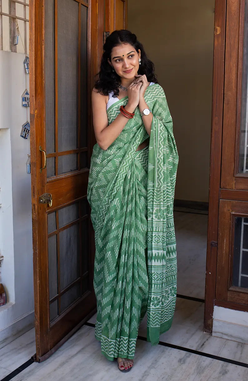 Strangers in Bangalore - Light Green Dabu Block Print Saree