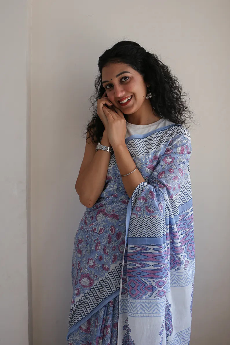 Whimsical Blue - Hand Block Print Mulmul Cotton Bagru Saree