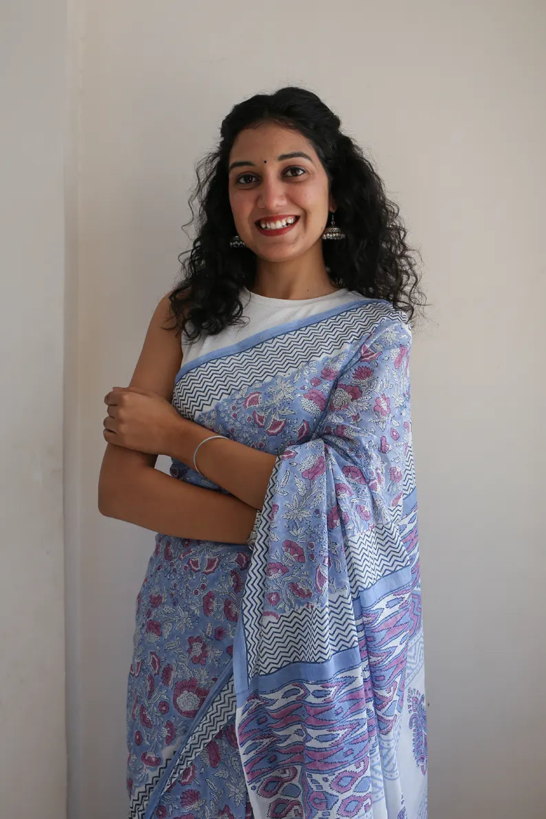 Whimsical Blue - Hand Block Print Mulmul Cotton Bagru Saree