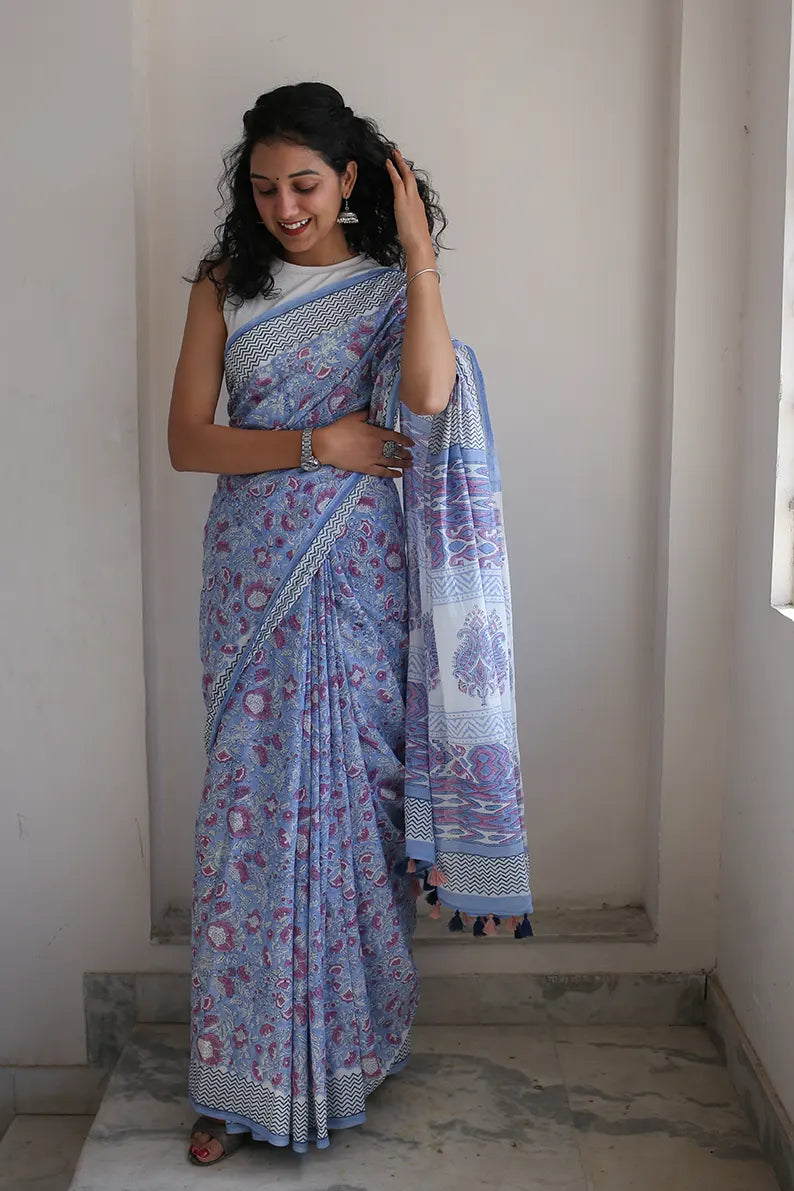 Whimsical Blue - Hand Block Print Mulmul Cotton Bagru Saree