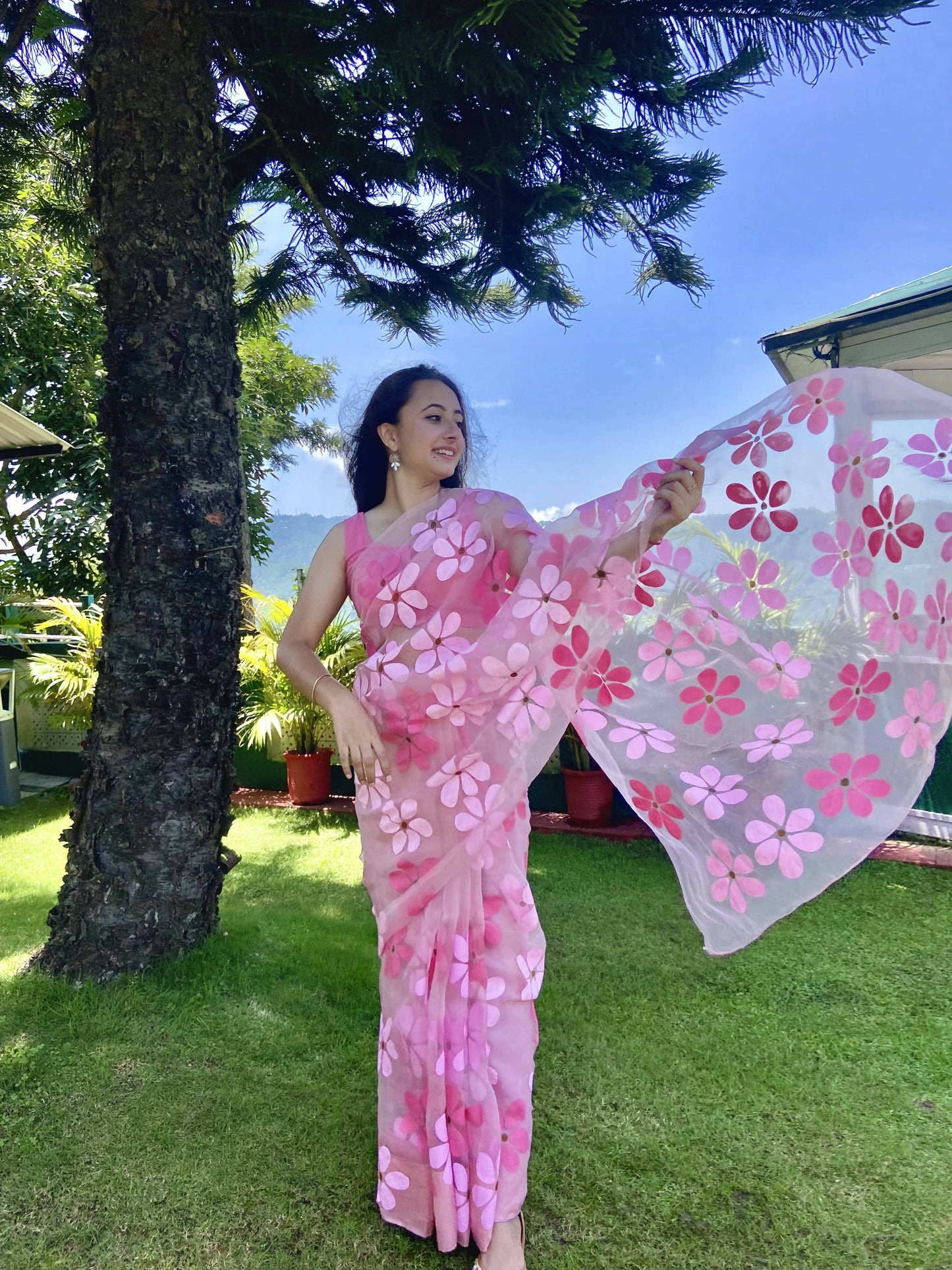 Riko- Pink Handpainted Organza Saree