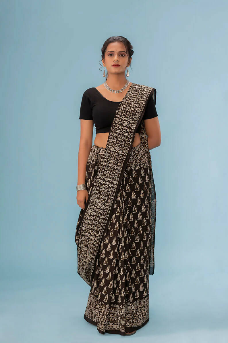 Roheen Black - Hand Block Print Natural Dyed Saree