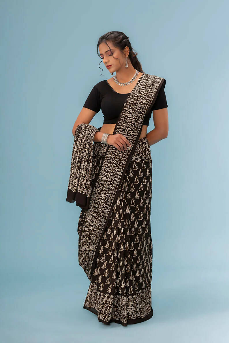 Roheen Black - Hand Block Print Natural Dyed Saree