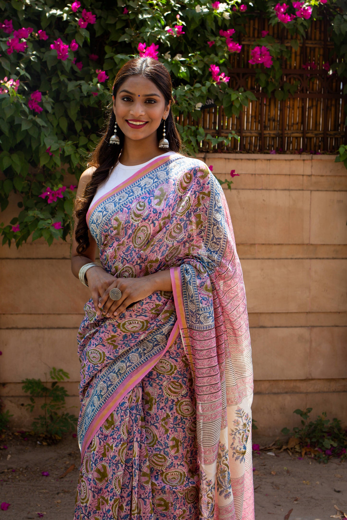 Bluebells - Pink Hand Block Print Chanderi Silk Saree