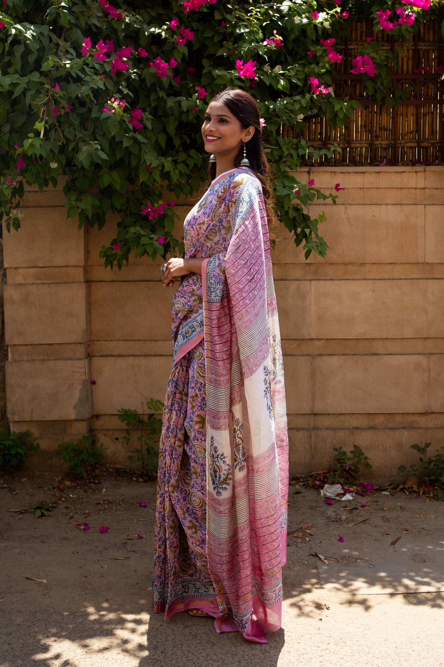 Bluebells - Pink Hand Block Print Chanderi Silk Saree