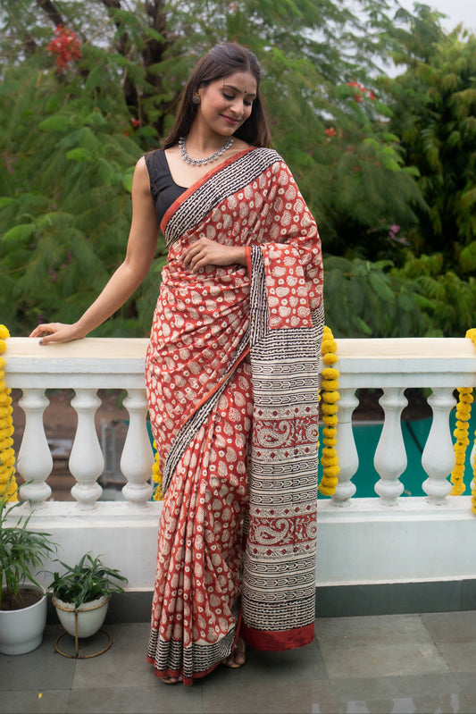 Paisley Dawn - Hand Block Print Mulmul Cotton Bagru Saree