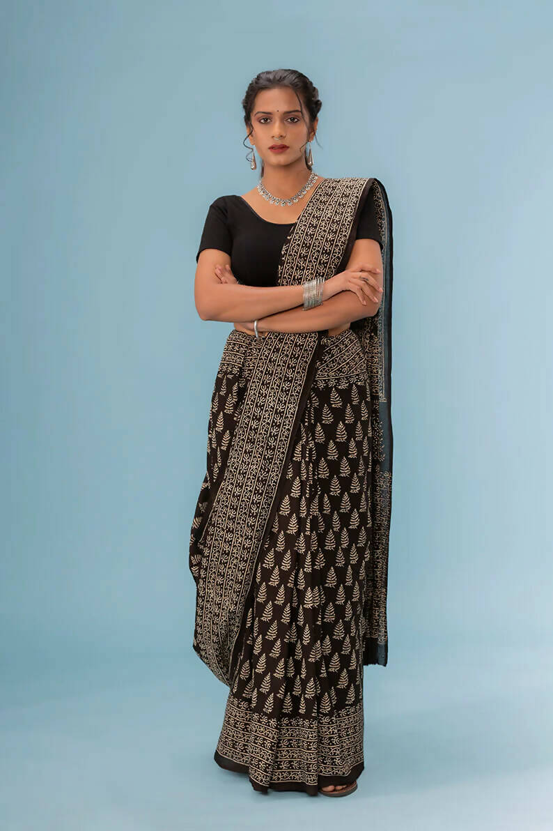 Roheen Black - Hand Block Print Natural Dyed Saree