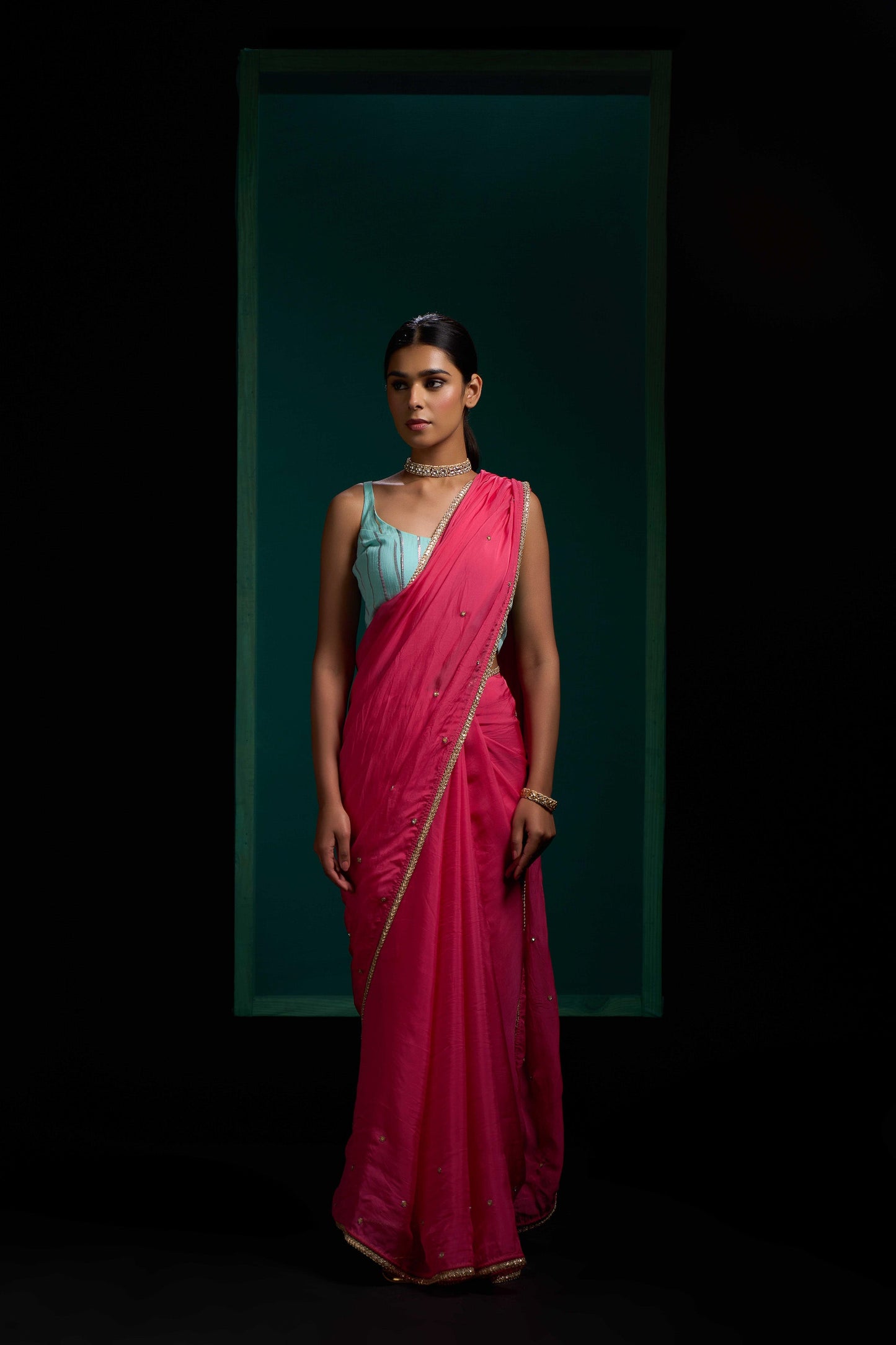 Noori Rose Pink Organza Handwork Saree