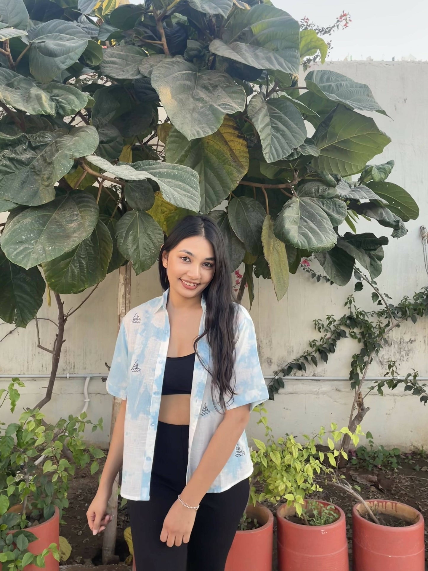 Cotton Ship / Bird Motif Printed Shirt