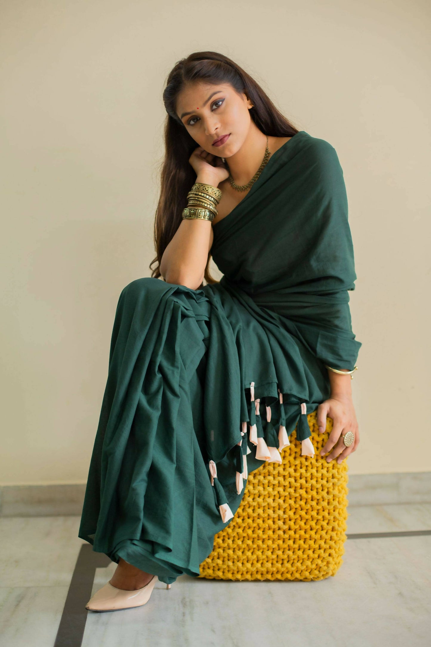 Hand Dyed Tasseled Mulmul Cotton Saree