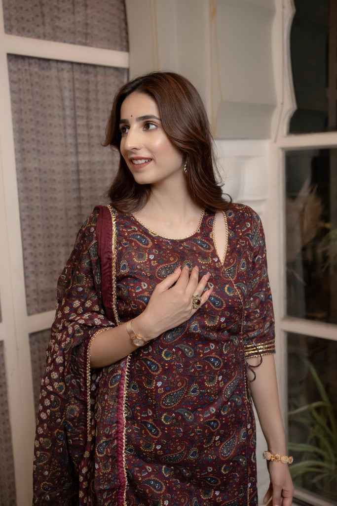 Plum Angrakha Straight Cotton Suit Set