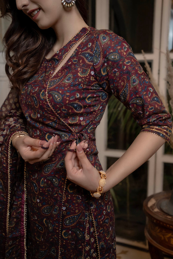 Plum Angrakha Straight Cotton Suit Set